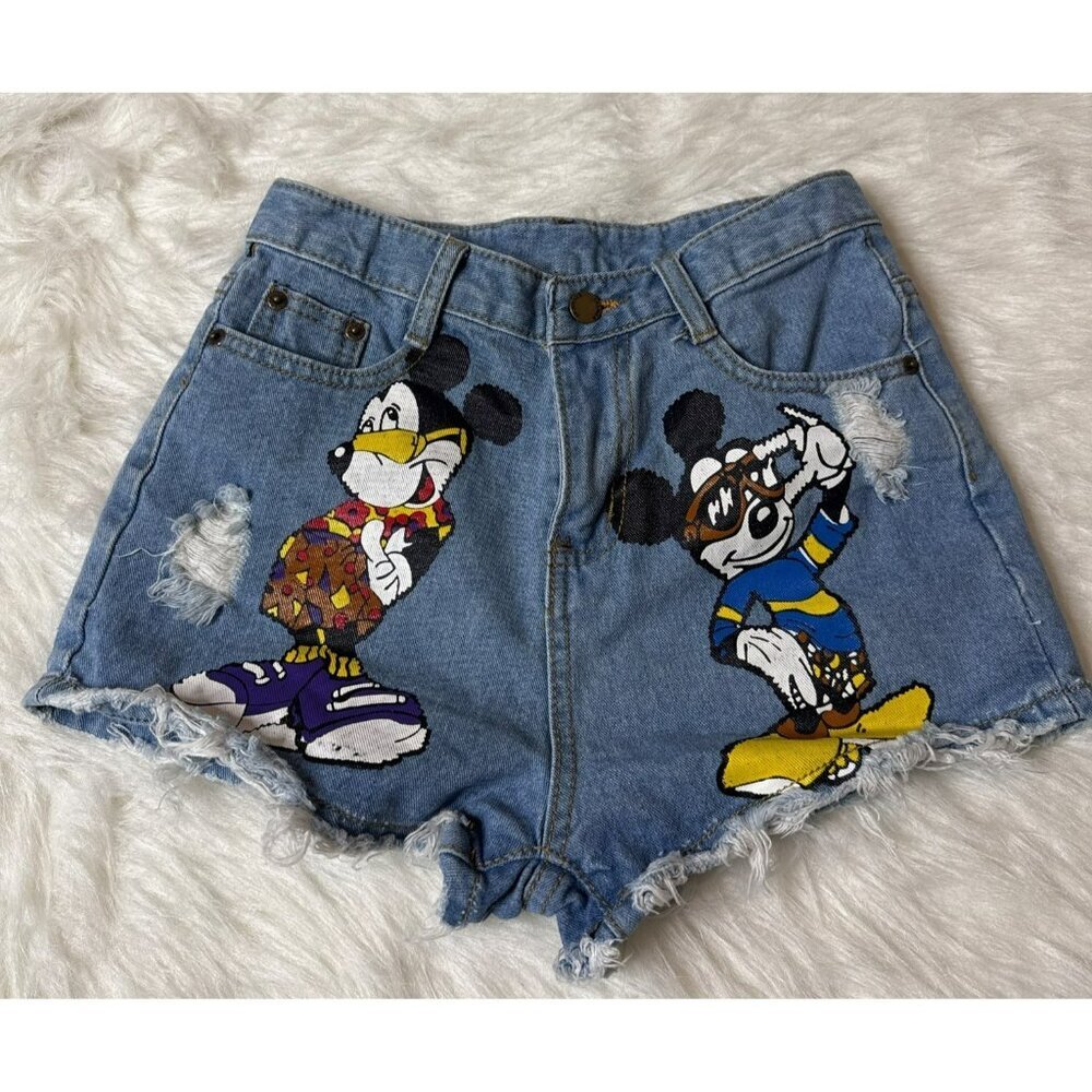 Mickey Mouse Disney Theme Denim Cut Off High Rise Shorts Women's Small